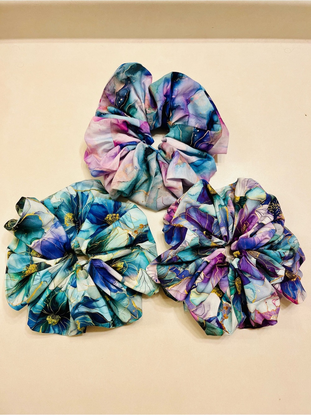 Handmade Watercolor Teal Purple Metallic Gold Floral Scrunchies